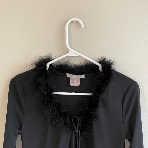 VINTAGE BLACK COVER UP MARABOU FUR TRIM COLLAR TIES LONG SLEEVE LA BELLE - Picture 8 of 12